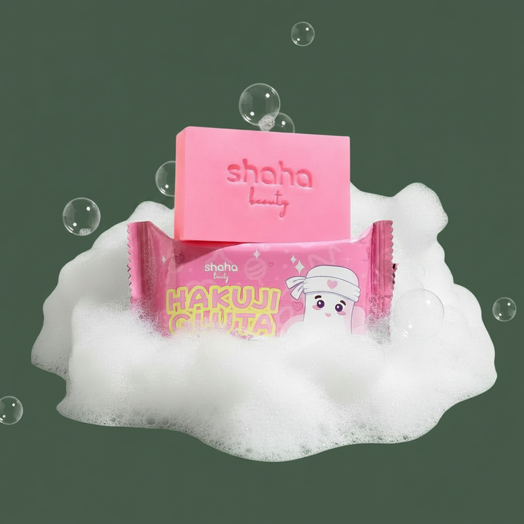 Shaha Beauty Hakuji Gluta Soap with foamy bubbles on army green background