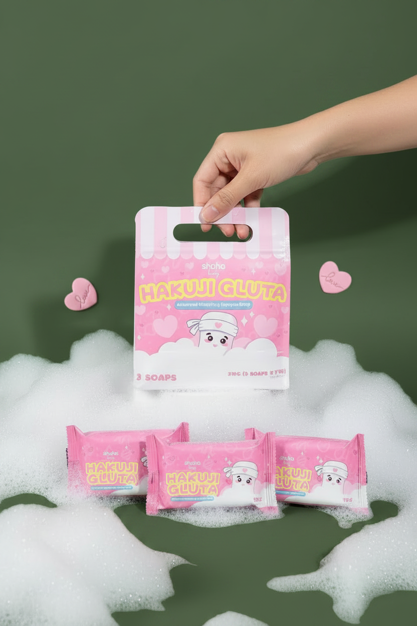 A hand holding Shaha Beauty Hakuji Gluta gift bag with 3 soap packs on army green background with foamy bubbles