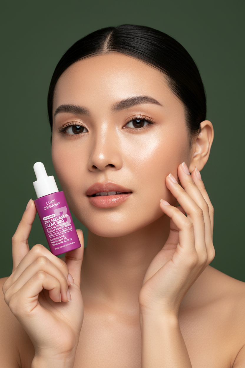 Model with Luxe Organix DermaPRO TXA Melasma Clear 300 Serum on army green background
