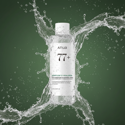 Anua Heartleaf 77+ Soothing Toner with dramatic water splashes on army green background