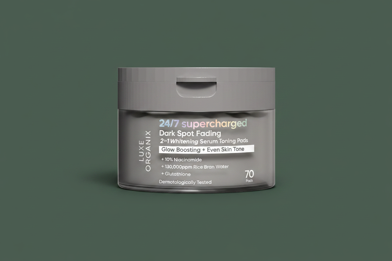 Luxe Organix 24/7 Supercharged Toning Pads on dark army green background