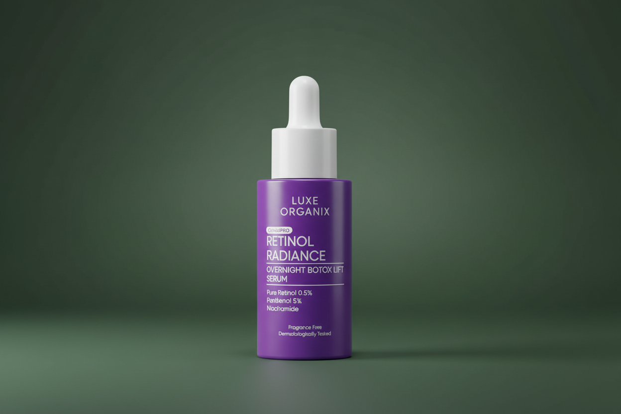 Luxe Organix ClinicalPRO Retinol Radiance Overnight Botox Lift Serum on army green background