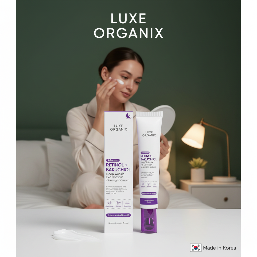 Luxe Organix Advanced Retinol + Bakuchiol Deep Wrinkle Eye Contour Overnight Cream on army green background with bedroom model