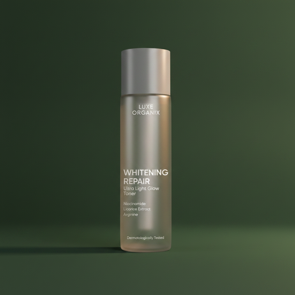 Luxe Organix Whitening Repair Ultra Light Glow Toner on army green background