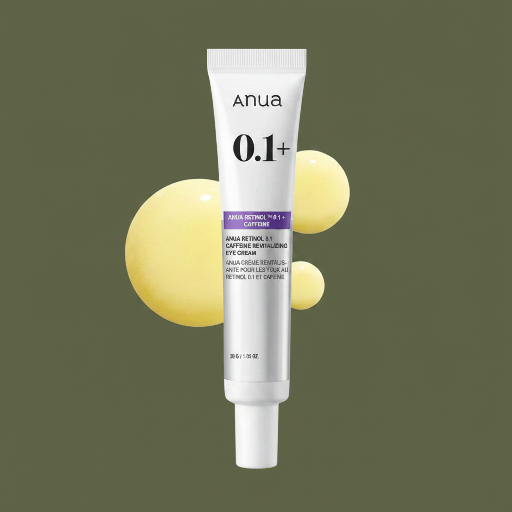 Anua Retinol 0.1+ Caffeine Revitalizing Eye Cream on army green background