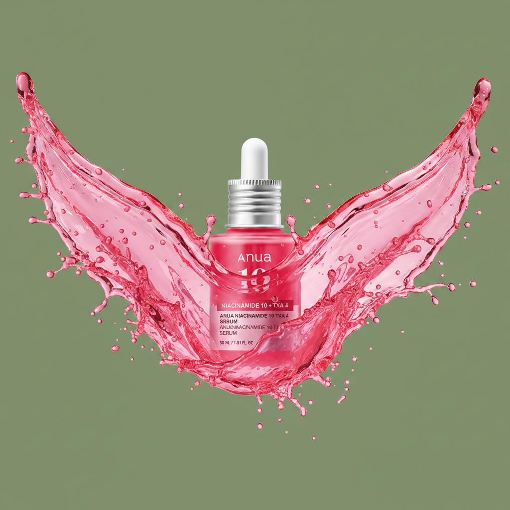 Anua Niacinamide 10 + TXA 4 Serum with pink serum splash on army green background