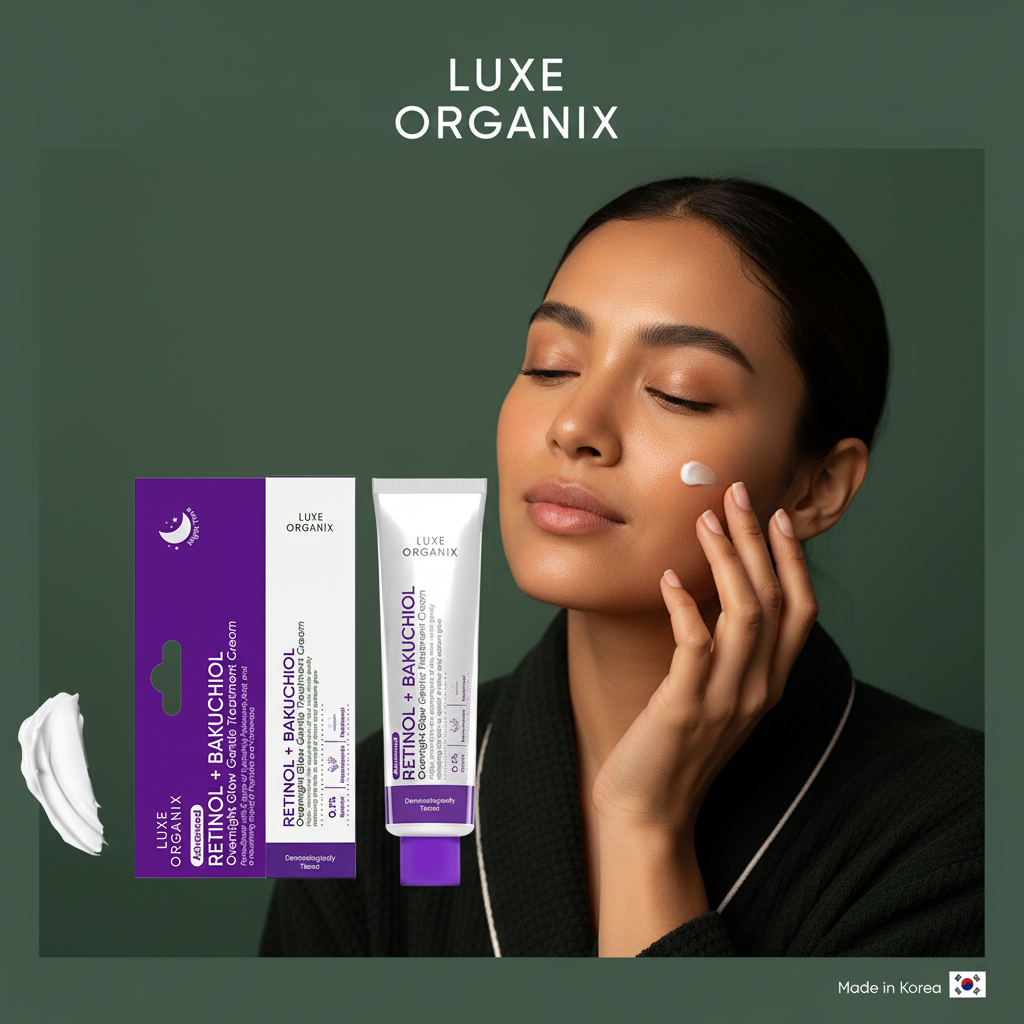 Luxe Organix Advanced Retinol + Bakuchiol Overnight Glow Gentle Treatment Cream on army green background with night skincare routine model