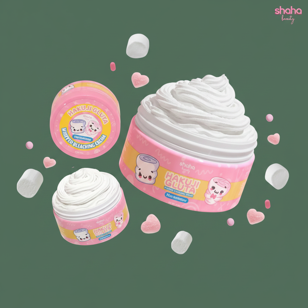 Shaha Beauty Hakuji Gluta Whipped Bleaching Cream Marshmallow on army green background