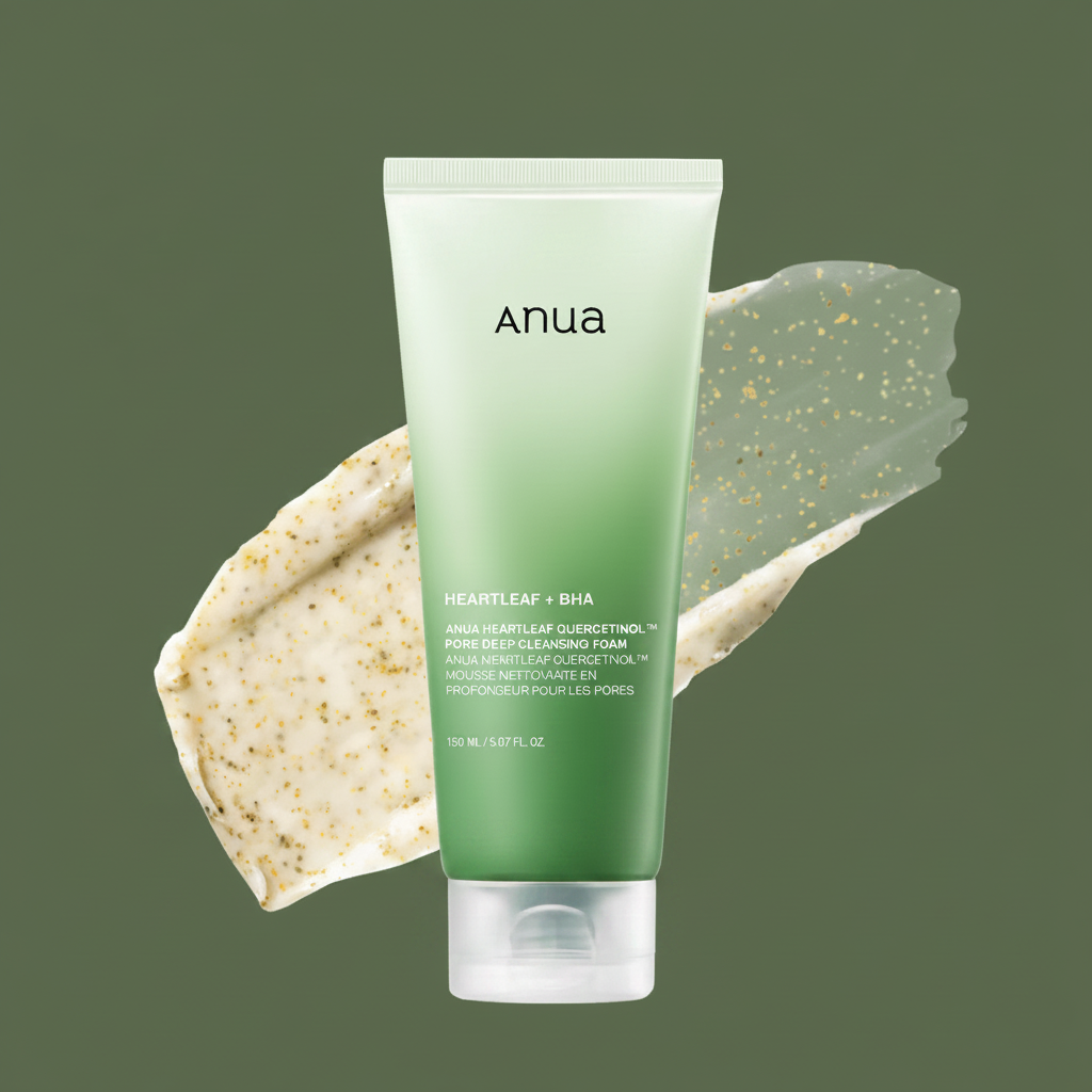Anua Heartleaf Quercetinol Pore Deep Cleansing Foam on army green background