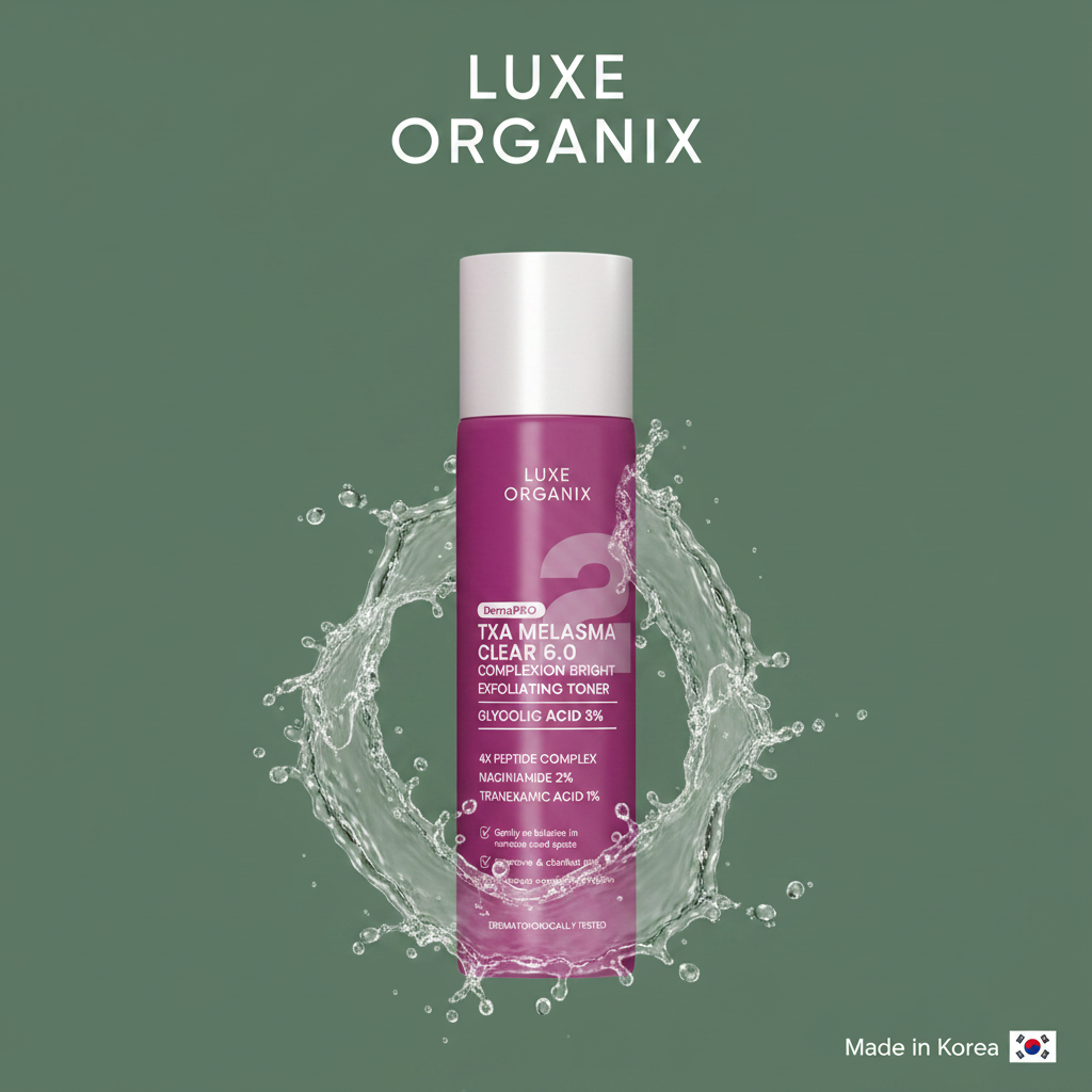 Luxe Organix DermaPRO TXA Melasma Clear 6.0 Exfoliating Toner on army green background with watery texture