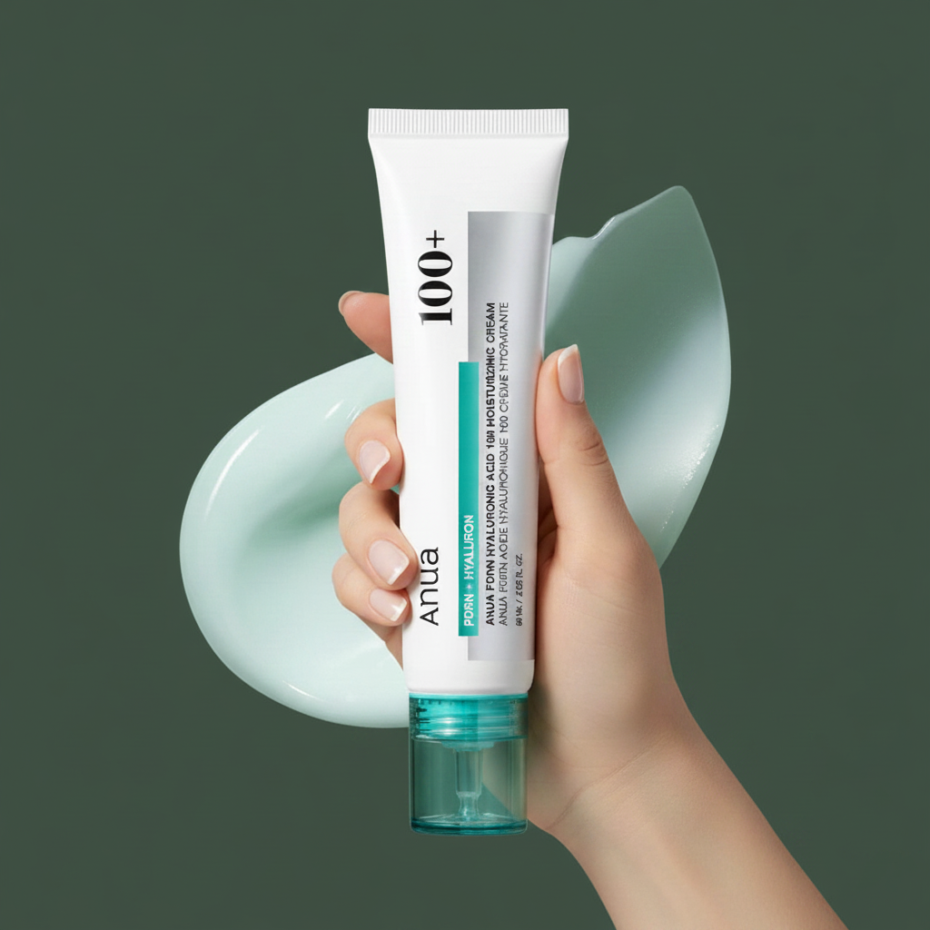 Anua PDRN + Hyaluron Aqua Hyaluronic Acid 100 Moisturizing Cream on army green background with hand