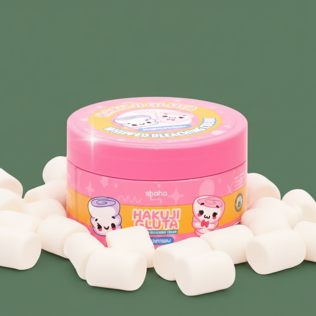 Shaha Beauty Hakuji Gluta Whipped Bleaching Cream with marshmallows on army green background