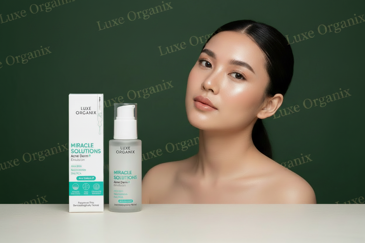Luxe Organix Miracle Solutions Acne Derm+ Emulsion on army green background