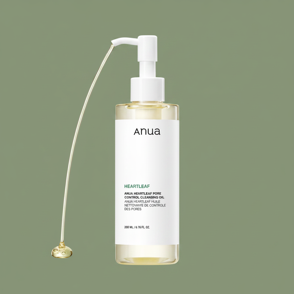 Anua Heartleaf Pore Control Cleansing Oil with light oil stream from pump on army green background