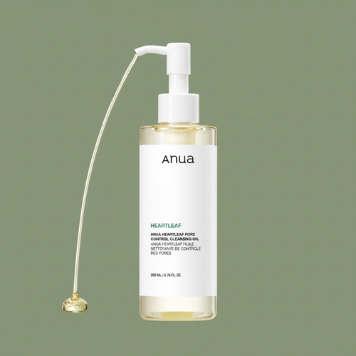 Anua Heartleaf Pore Control Cleansing Oil with light oil stream from pump on army green background