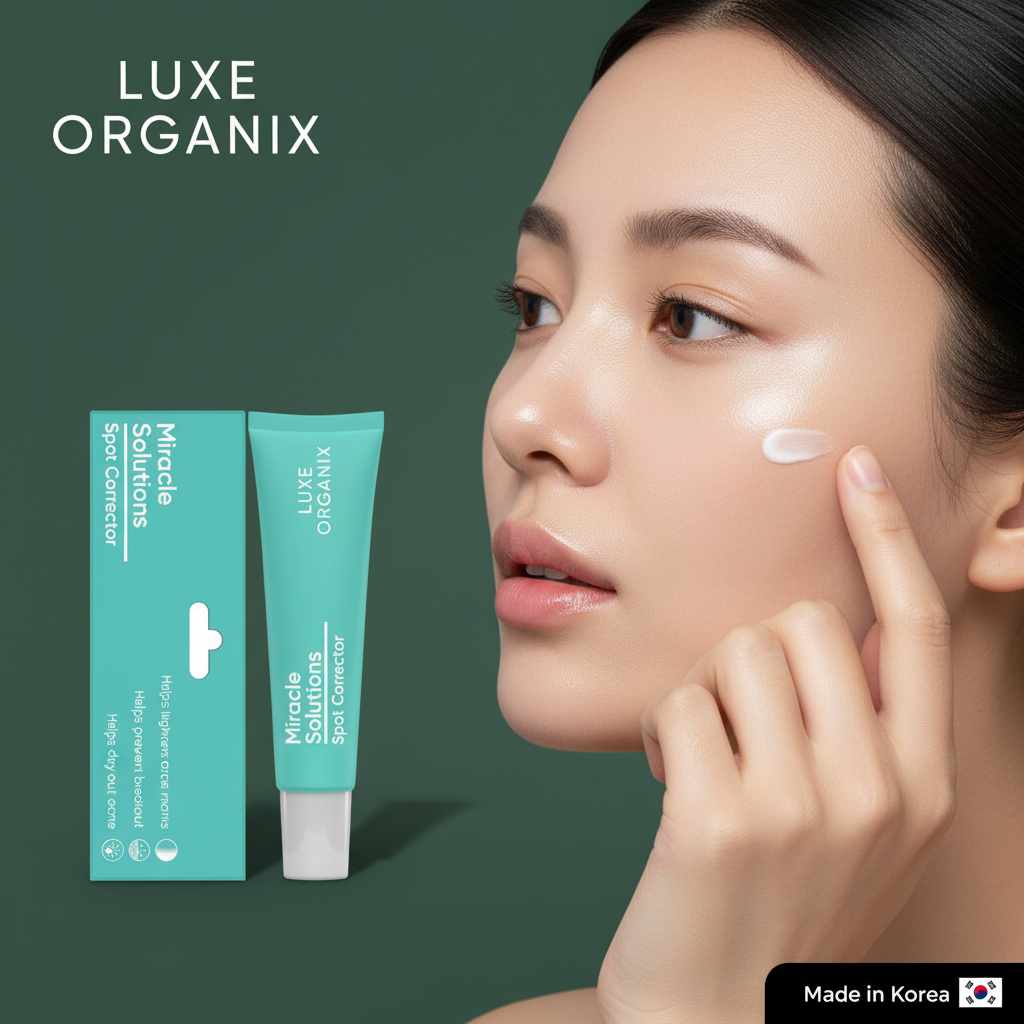 Luxe Organix Miracle Solutions Spot Corrector on army green background with model