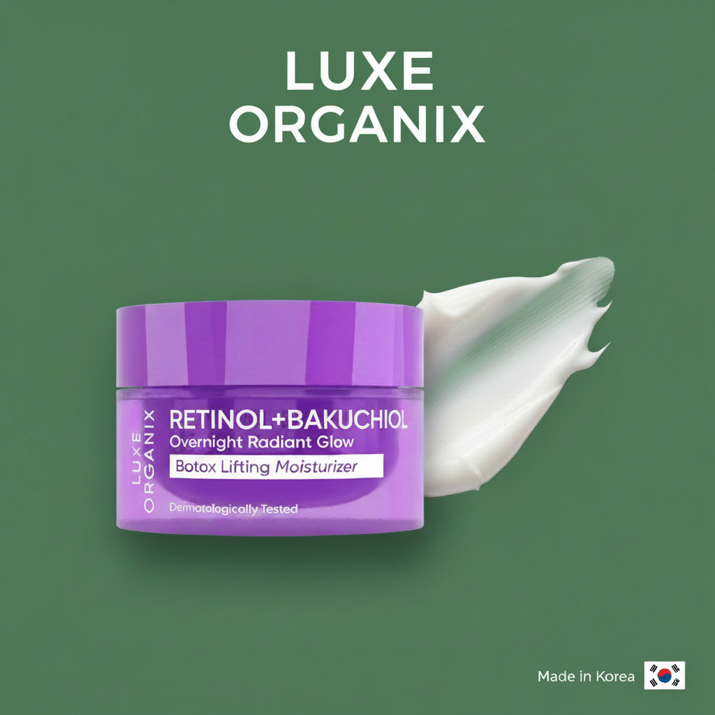 Luxe Organix Retinol + Bakuchiol Overnight Radiant Glow Botox Lifting Moisturizer on army green background with cream texture