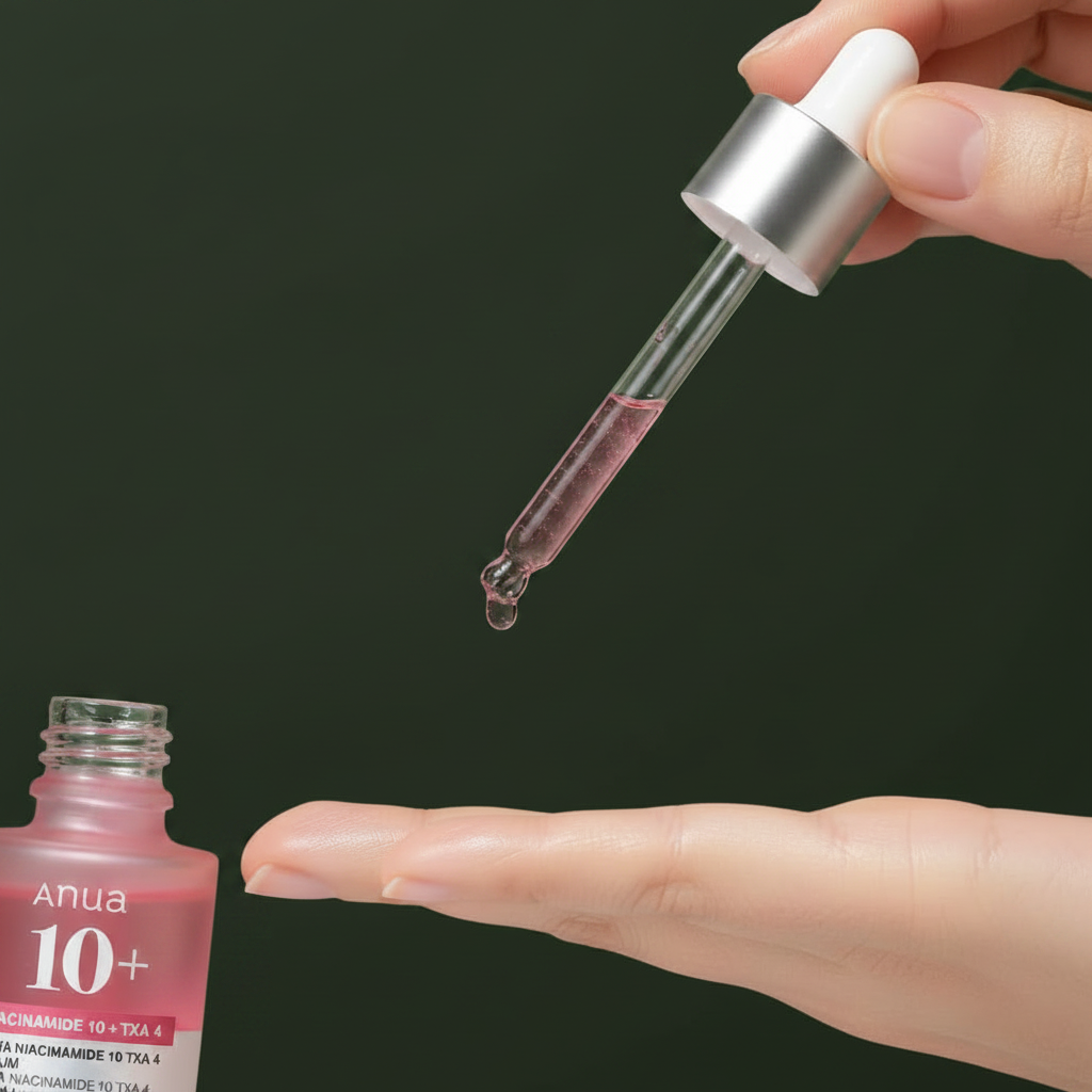 Model holding the dropper of Anua Niacinamide 10 + TXA 4 Serum on army green background
