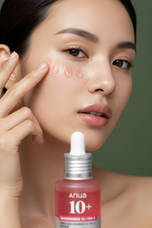 Model applying Anua Niacinamide 10 + TXA 4 Serum on her face with large bottle on army green background