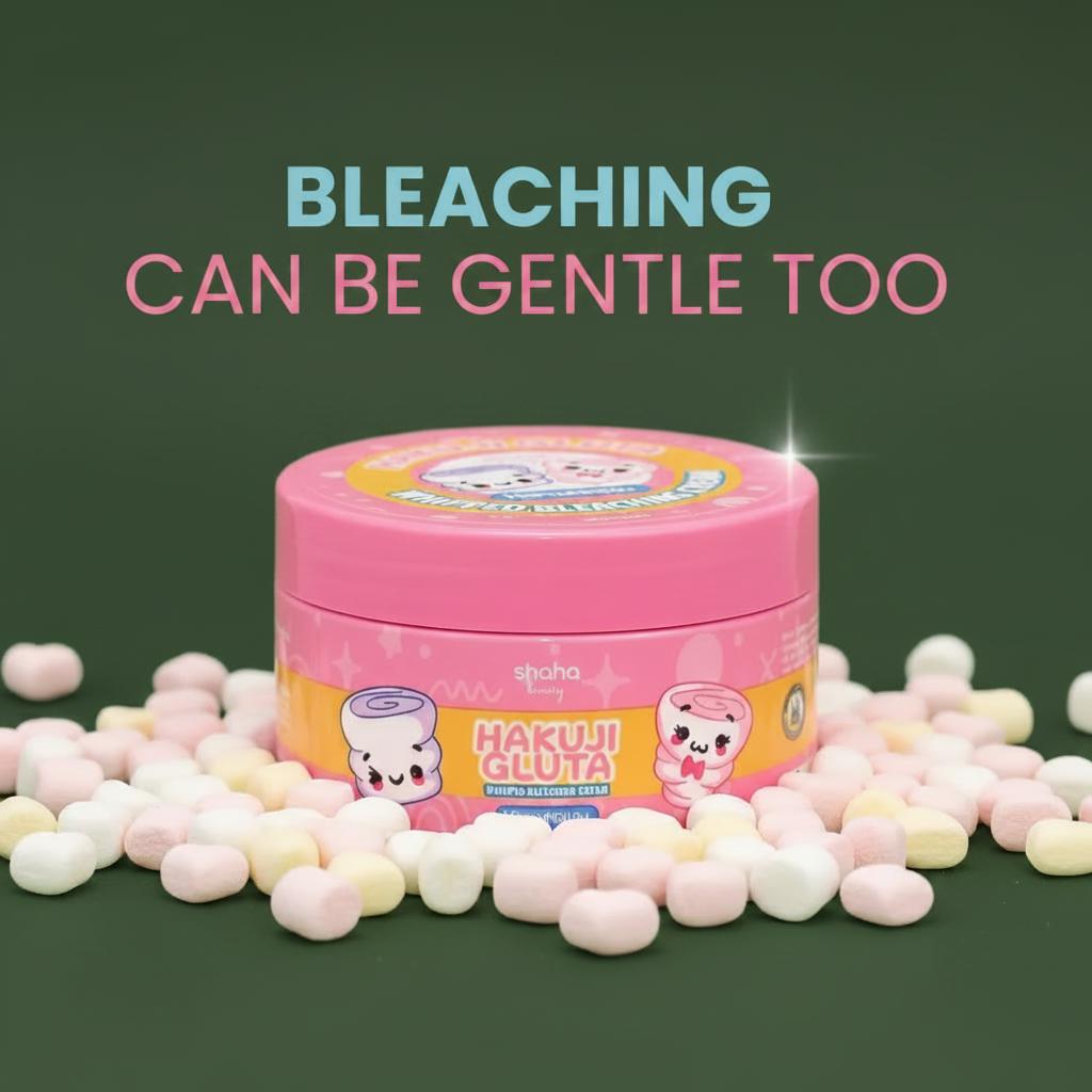Shaha Beauty Hakuji Gluta Whipped Bleaching Cream with marshmallows and text on army green background