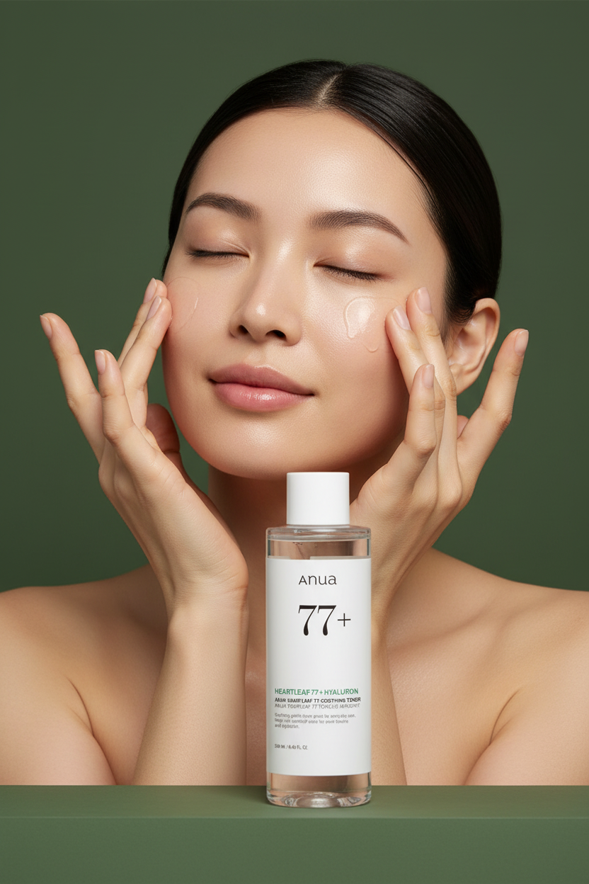 Model applying Anua Heartleaf 77+ Soothing Toner on army green background