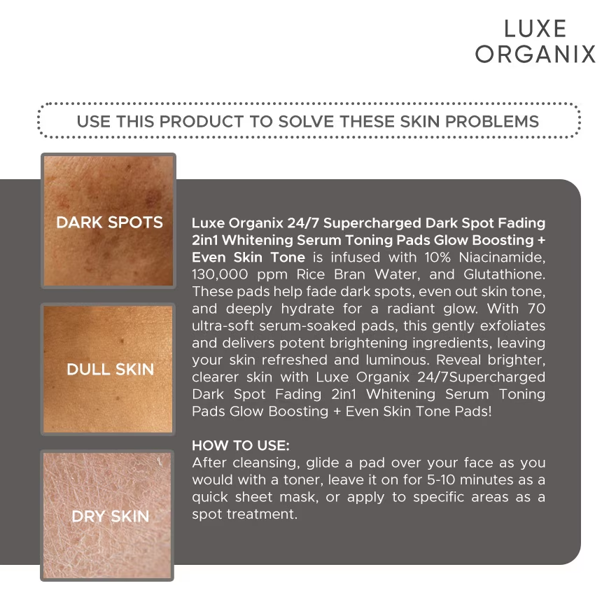 Luxe Organix 24/7 Supercharged Dark Spot Fading 2-in-1 Whitening Serum Toning Pads 70 pads