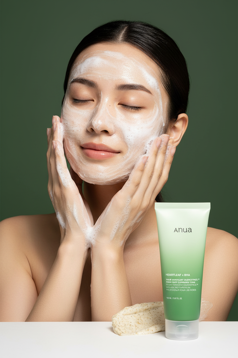 Model washing face with Anua Heartleaf Quercetinol Pore Deep Cleansing Foam on army green background