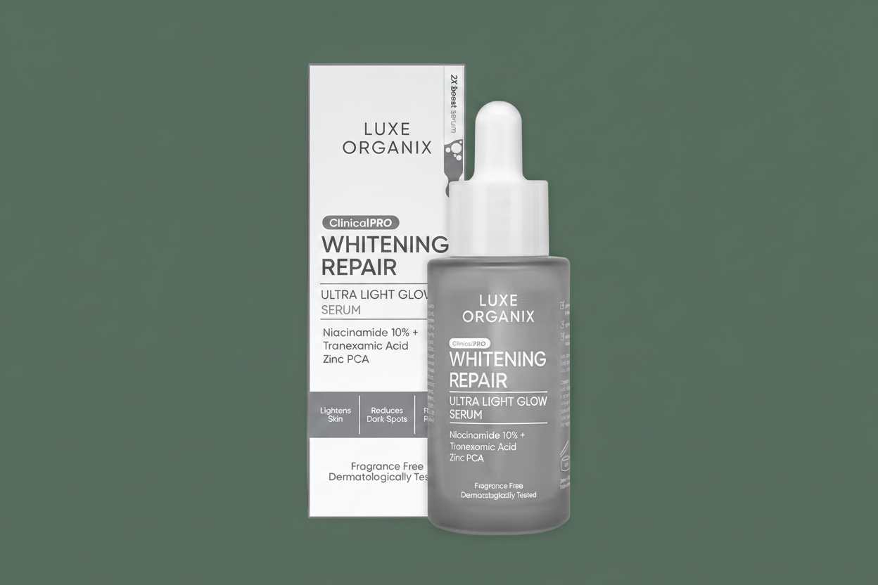 Luxe Organix ClinicalPRO Whitening Repair Ultra Light Glow Serum 30ml on dark army green background