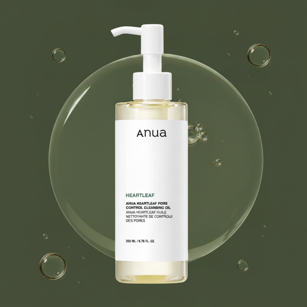 Anua Heartleaf Pore Control Cleansing Oil with subtle light oil effect on army green background