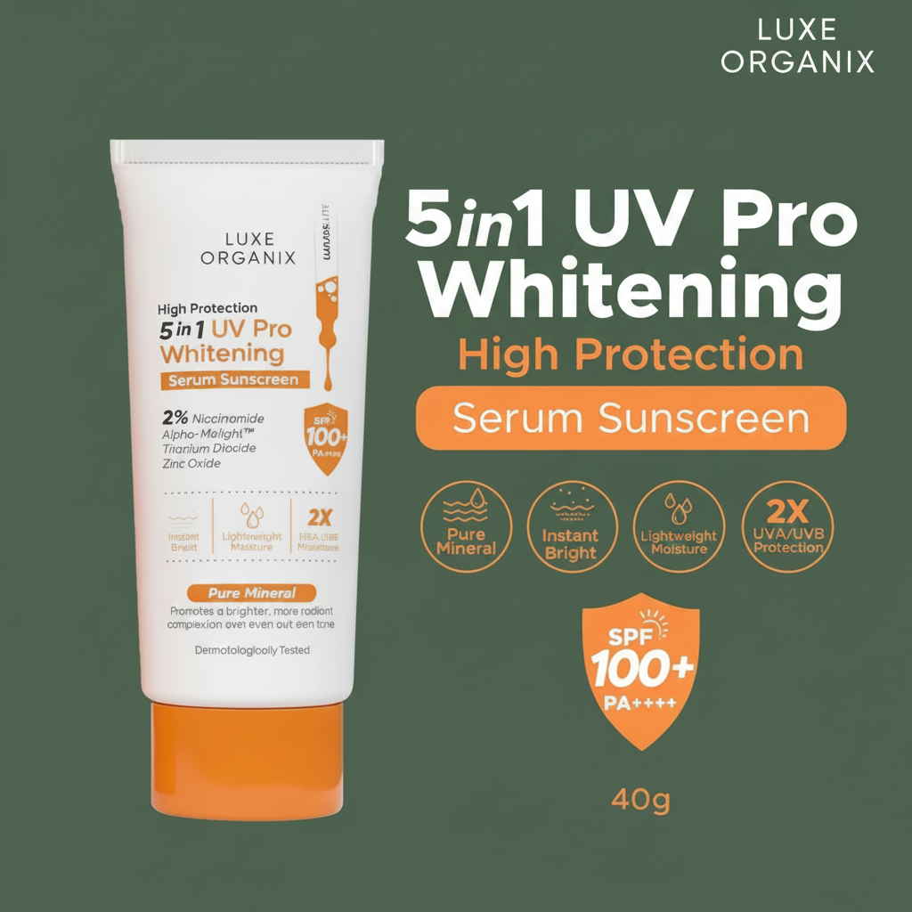 Luxe Organix 5in1 UV Pro Whitening Sunscreen - Army Green Background White Text